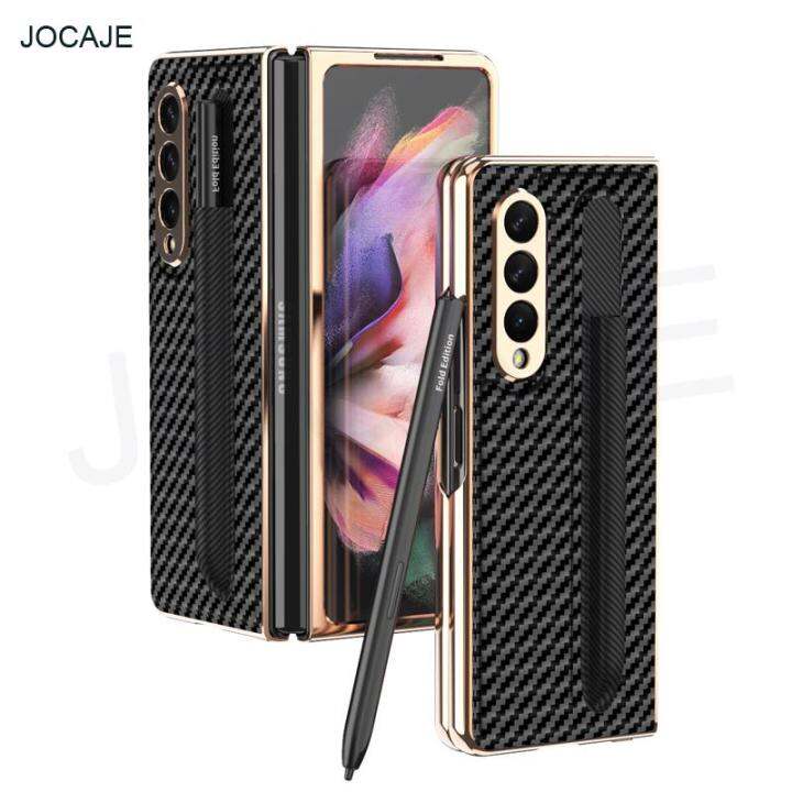 carbon-fiber-s-pen-slot-plating-phone-case-for-samsung-galaxy-z-fold-3-5g-stylus-pen-socket-shockproof-cover-for-galaxy-z-fold3