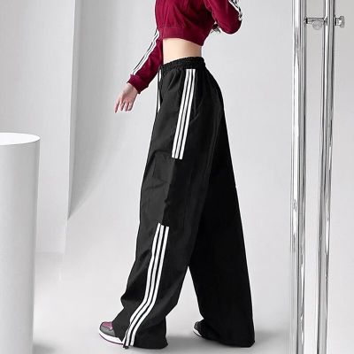 ‘；’ MEXZT Striped Sweatpants Women Hip Hop Streetwear Baggy Wide Leg Cargo Pants Bf Y2K High Waist Drawstring Joggers Trousers