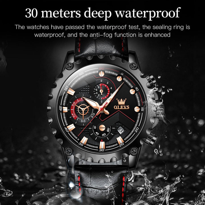 olevs-นาฬิกาควอตซ์สำหรับผู้ชาย-นาฬิกาควอตซ์มัลติฟังก์ชันสไตล์สปอร์ตนาฬิกาโครโนกราฟหน้าจอปฏิทินสายหนัง-สเตนเลสกันน้ำ30เมตร