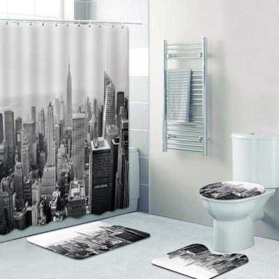 Black White City Nights Lights Bathroom Shower Curtains Set Waterproof Shower Curtains Toilet Cover Mat Non-Slip Bath Rug