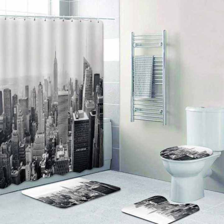 black-white-city-nights-lights-bathroom-shower-curtains-set-waterproof-shower-curtains-toilet-cover-mat-non-slip-bath-rug