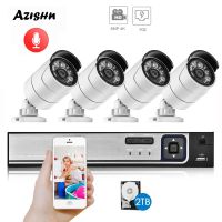 AZISHN H.265 + 4CH 8MP 4K ระบบ CCTV POE ชุดอุปกรณ์ NVR เสียง3840X2160กันน้ำกล้อง IP โลหะกระสุนความปลอดภัยในบ้านระบบกล้อง