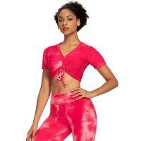 Womens Fitness Exercise Tie-Dye Ink Drawstring Jacquard Bubble Short-Sleeve Yoga Wear