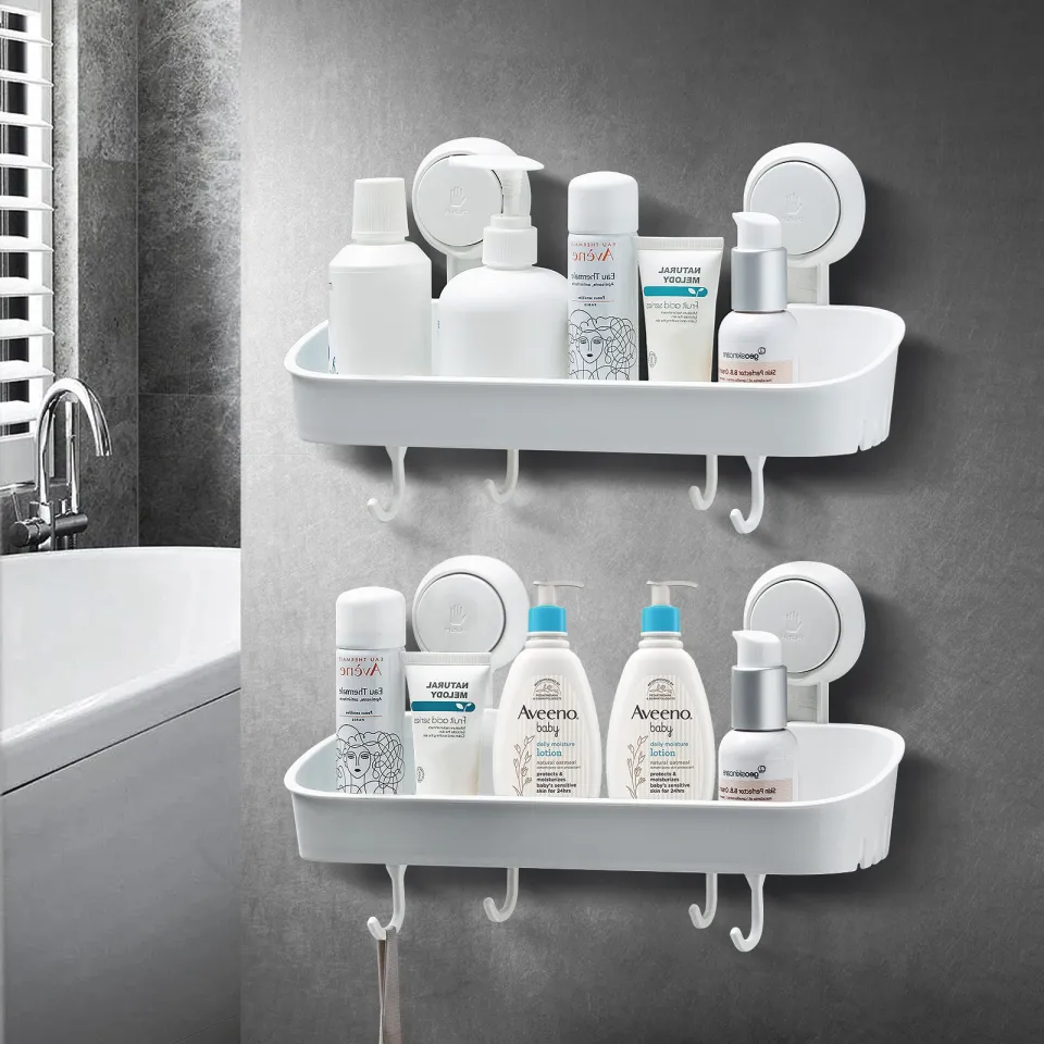 TAILI Suction Shower Caddy With 4 Hooks, Bathroom Shower Basket Wall  Mounted Shower Organizer for Shampoo, Body Wash,Conditioner, Plastic Shower  Rack