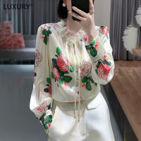 LUXURY Queen Womens Lace Up Printed Blouse Loose and Elegant Style High Grade Standing Collar Collar with Ear Edge Rose Imitation Silk Top