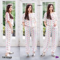 TW12568  Set  สาวอวบ เสื้อแขนสั้น+กางเกงขายาวจั๊มปลายขา     สอบถามก่อนสั่งซื้อ