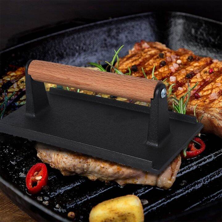 Cast Iron Grill Press Steak and Burger Press with Wooden Handle for