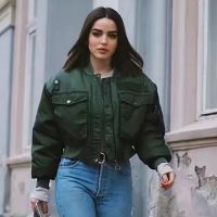 2020 Stylish Lady Autumn Winter Merodi  Green Short Jackets Women Fashion Long Sleeve Zipper Bomber Jacket Outwear Womens Coat