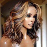 (Baixiang Flower City)   ♈♗卐  Highlights Color Human Hair Wigs Brown Short Bob Wig For Women 13x4x1 T Part Lace Wigs Brazilian Body Wave Lace Front Wig 180  - Lace Wigs - AliExpress