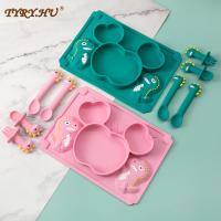 TYRY.HU Baby Silicone Plate Kids Bowl Plates Dinosaur Cartoon Spoon Fork Set Baby Feeding Silicone Bowl Dishes Kids Tableware Bowl Fork Spoon Sets