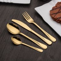 24Pcs Gold Stainless Steel Dinnerware Carve Lines Handle Polishing Cutlery Set Tableware Fork Knife Teaspoon Dinner Kitchen