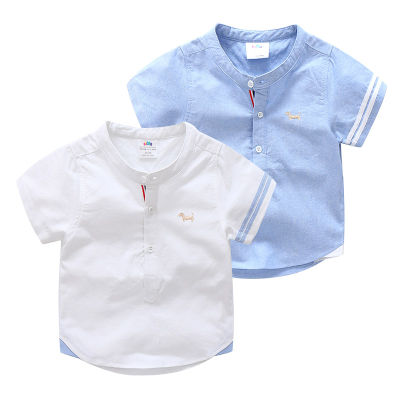 Kids Birthday Gift Clothes 2020 Summer Fashion Cotton White Blue Color Cartoon Dog Print Short Sleeve Mandarin Collar Boys Shirt