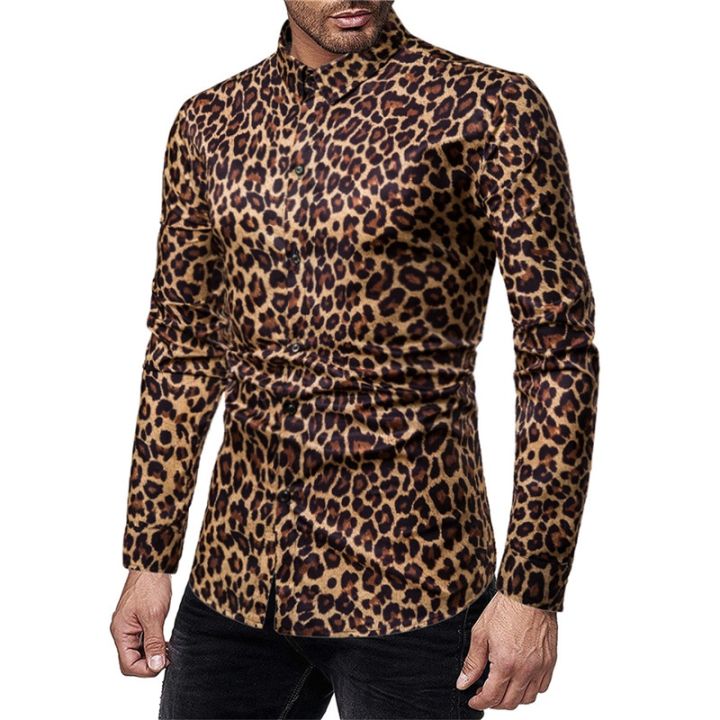 เสื้อแฟชั่นลายเสือดาวเซ็กซี่สำหรับผู้ชาย-เสื้อแฟชั่นไนท์คลับปาร์ตี้พรอมเสื้อเข้ารูปเสื้อฮาวายแขนยาว