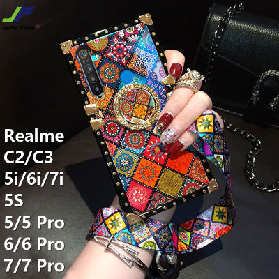 JieFie สำหรับ Realme 5i Realme 6i Realme 7i Realme 5 / 5S / 5 Pro / 6 / 6 Pro / 7 / 7 Pro Blu-Ray สไตล์ชาติพันธุ์เคสโทรศัพท์ Luxury Square กันกระแทกฝาหลัง + ขาตั้งโทรศัพท์และเชือกเส้นเล็ก