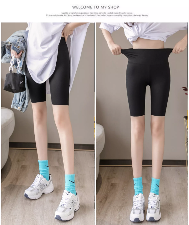 เลกกิ้งผู้หญิง-summer-five-point-womens-leggings-wear-thin-tight-fitting-waist-and-hips-riding-barbie-plus-size-yoga-pants