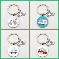 【VV】 New Fashion Keychain Ambulance Pendant Glass Convex Round Jewelry Cartoon for Man Car Woman