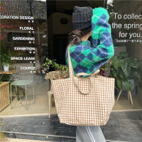 Youda New 2022 Korean Simple Lattice Double-sided Shoulder Bag High-capacity Student Book Shopping Handbag Cotton Fabric Bags