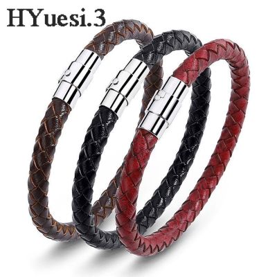Simple Men Leather Bracelet Multicolor Stainless Steel Magnetic Button Braided Bangle Bracelet ValentineS Day Jewelry Gifts