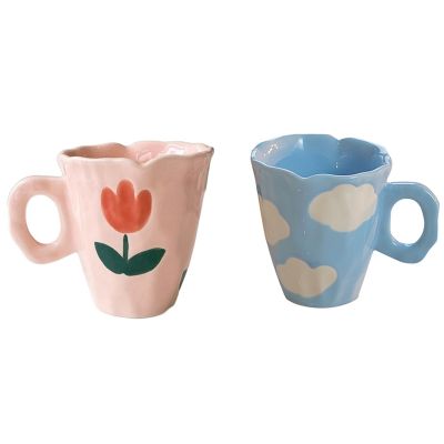 【High-end cups】แก้วเซรามิกที่ทำด้วยมือมือวาดดอกทิวลิปและเมฆถ้วยกาแฟผิดปกติสำหรับชานมของขวัญสร้างสรรค์ Cup