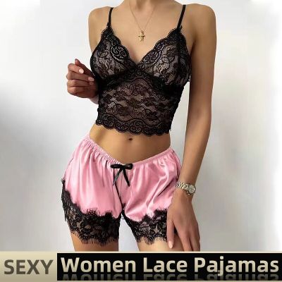 Women Lace Sexy Pajamas Nightclothes Black PINK L XL XXL V Neck Low Cut Lace Top And Ice Silky Shorts