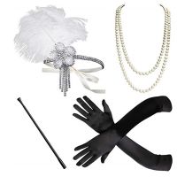 ที่คาดผม1920S Great Gatsby สำหรับผู้หญิงอุปกรณ์เสริมหมวกวัยรุ่นชาร์ลสตัน Retro Party Props สร้อยคอไข่มุกสีขาวสร้อยข้อมือ