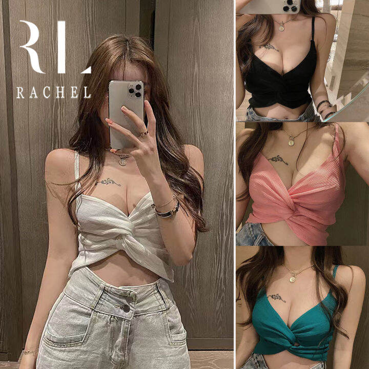 เสื้อถักเซ็กซี่สไตล์เกาหลี-ครอป-คอวี-เว้าไหล่-เสื้อสายเดี่ยวสีพื้นงานคอตตอลร่อง