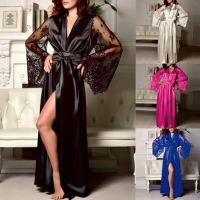 Brookv HuttbAi Home Women Summer Lace Stitching Long Bathrobes Nightgown Soft Dressing Gown Bath Robe