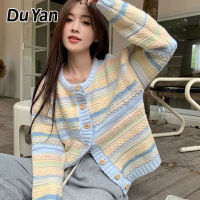 Du YAN เสื้อคาร์ดิแกนแบบถักสีมาการองเกาหลีสำหรับผู้หญิงในฤดูใบไม้ร่วง