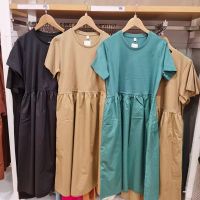 UNIQLO ห้องลองเสื้อเป็นชุดสตรีสำหรับฤดูร้อนของปี2023คอกลมโชว์ชุดเดรสยาวทรงหลวมแขนสั้น458682