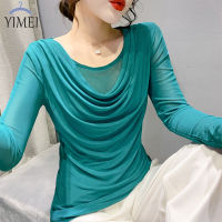 YIMEI 2022ฤดูใบไม้ร่วงใหม่รอบคอตาข่ายเสื้อยืด Bottoming เสื้อผู้หญิง Slim เซ็กซี่ปลอม2ชิ้น Swing Collar แขนยาวผู้หญิงน้ำ