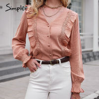 Simplee Solid Cotton V-neck Women shirt Casual Spring Summer Long-sleeved Ruffled Female Tops Loose Elegant Office Lady Blouse