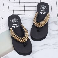 HOT★Punk สไตล์ทอง/เงินชี้ Rivets ผู้หญิง Flip Flops แคบแพลตฟอร์มรองเท้าแตะ Rivets ลูกปัดมัฟฟินรองเท้าแตะขนาดใหญ่ y680