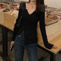 Add Black ~ Two-Color Large Size Womens Clothing Fat Sister Knitted Irregular Stitching Bottoming Shirt V-neck Long Sleeve