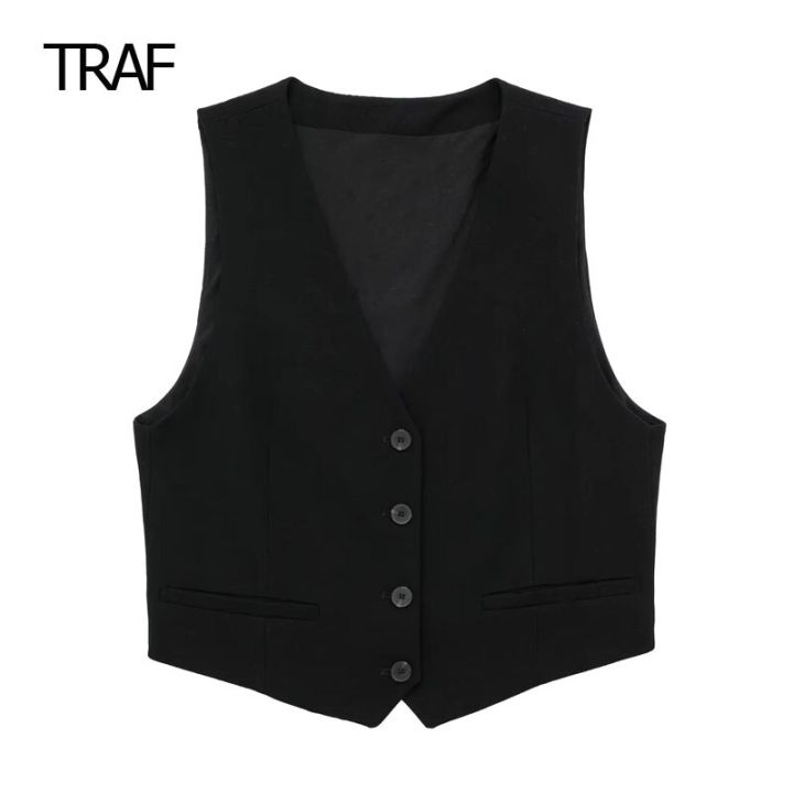TRAF Vests For Women 2023 Summer Linen V-neck Vest Sleeveless Cool And  Black Suit Vest Best Selling Product Tops For Female QC7211052