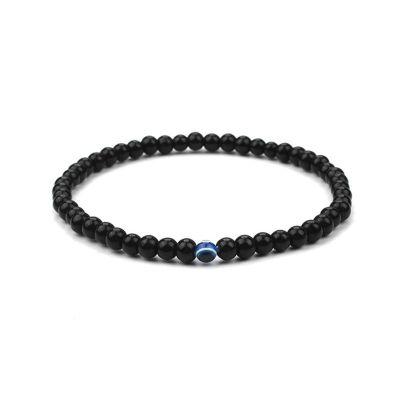 หินธรรมชาติ Blue Evil Eye สร้อยข้อมือชายสีดำ Onyx Volcano ลูกปัดเครื่องประดับ