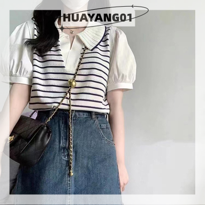 HUAYANG01 [2023 new HOT FASHION] lazlook ฤดูร้อนแขนสั้นย้อนยุคลายถักเสื้อยืดผู้หญิงหลวมลำลองเปิด-ลงปกด้านบน