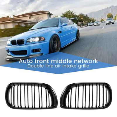 2Pcs รถสไตล์ Gloss สีดำด้านหน้าไต Double Slat Grill Grille สำหรับ BMW E46 4ประตู4D 3 Series 2002-2005