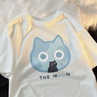 Cartoon Anime Short Sleeve Tee Cat Print Short Sleeves Fashion Woman Blouse 2023 Japanese Y2k Oversized T-shirt Pure Cotton Tops