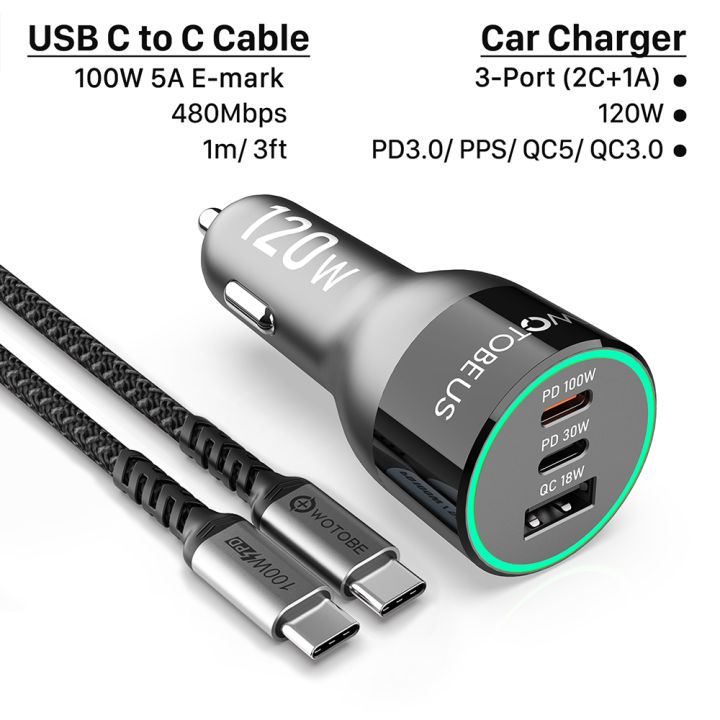 usb-c-car-charger-120w-3พอร์ต-pd100w-30w-qc5อะแดปเตอร์ไฟแช็กสำหรับ-thinkpad-hp-galaxy-แล็ปท็อป