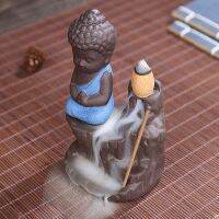 20Pcs Incense Cones 1Pc Burner The Little Monk Small Buddha Censer Ceramic Waterfall Backflow Incense Burner Holder Home Decor