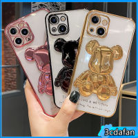 เคสโทรศัพท์ป้องกันกล้องแฟชั่นลายหมีแบบรุนแรงที่เคลือบด้วยไฟฟ้าสำหรับ IPhone 14 13 12 11 Pro Max X XR 7 8 Plus หรูหราฝาครอบด้านหลังกันกระแทก