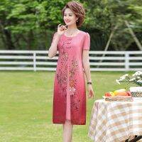 Womens Summer Middle-aged Female Chiffon Dresses mother two-piece print flower loose dress