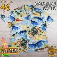 AMERICAN EAGLE®แท้ อก 46 เสื้อฮาวายชาย เสื้อวินเทจ เสื้อผ้าผู้ชาย สีน้ำเงิน แขนสั้น เนื้อผ้าดี