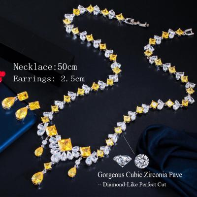 CWWZircons Gorgeous ดูไบสีเหลือง Cubic Zirconia หิน Big Dangle Water Drop งานแต่งงานเจ้าสาวสร้อยคอชุดเครื่องประดับ T472