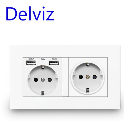 ☄◊✜ Delviz EU Standard USB socket Double Outlet16A Quality power panel AC 110 250V 146mm x 86mmDouble frame Wall USB Power Outlet