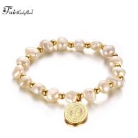 FairLadyHood  16CM Stainless  Steel Virgin Mary Logo Pearl Bracelet Ladies Beads Bracelet Charms and Charm Bracelet