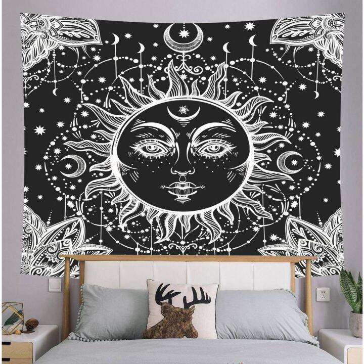 european-and-american-style-fabric-background-tapestry-dark-black-and-white-simple-tapestry-tarot-card-sun-greeting-card-fabric-decoration-fabric-bohemian-mandala-tapestry