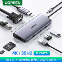 UGREEN Adapter Hub 9-in-1 USB-C 3.1 to HDMI 4K, VGA 1080P, Card Reader SD/TF, RJ45 PD100W Converter, USB 3.0 Hub 3