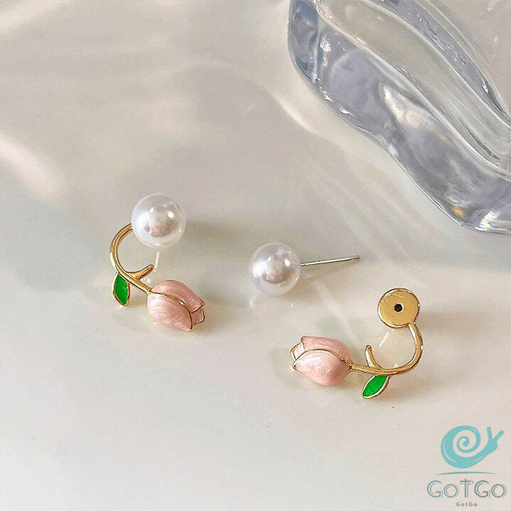 gotgo-ต่างหู-ก้านเงิน-9-25-รูปดอกทิวลิป-ประดับมุกเทียม-tulip-stud-earrings