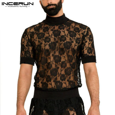 (Western Style) INCERUN Mens Floral Sheer T เสื้อเชิ้ตแขนสั้นคอ Tee ดูผ่านเสื้อตัวบน